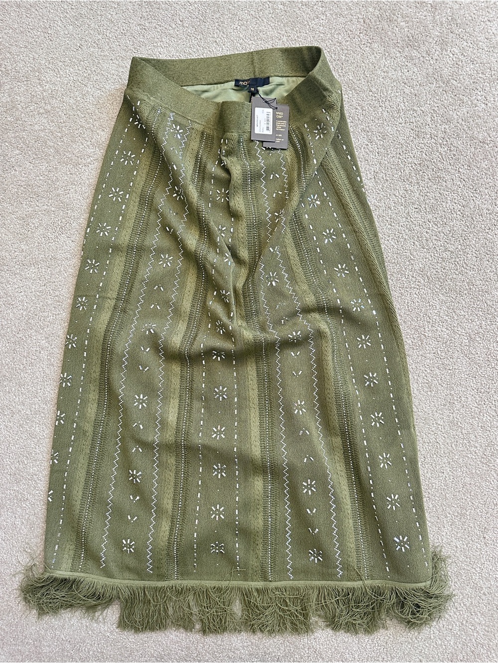 Maje Olive Green Embroidered Fringe Midi Skirt
